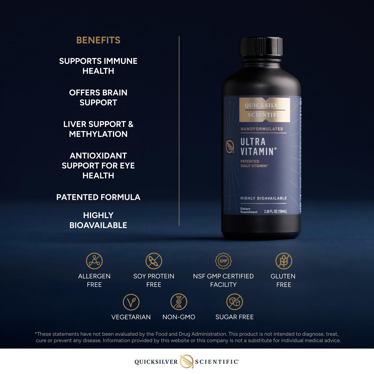 Quicksilver Scientific Liposomal Ultra Vitamin 100ml bouteille à côté d'un verre