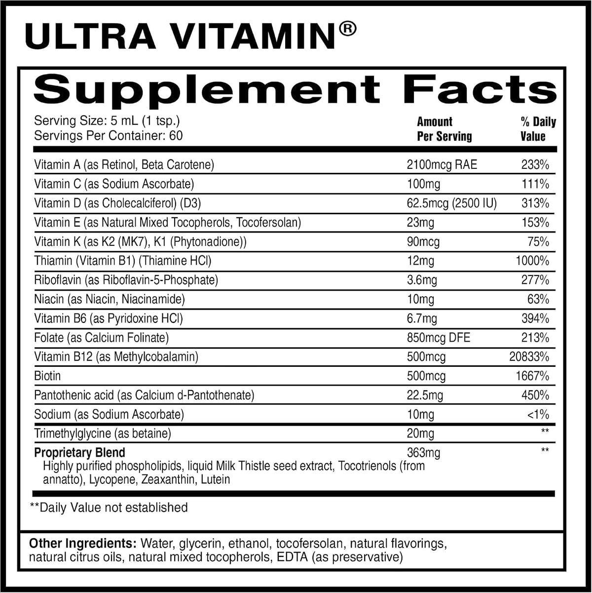 Quicksilver Scientific Liposomal Ultra Vitamin 300ml, étiquette détaillée