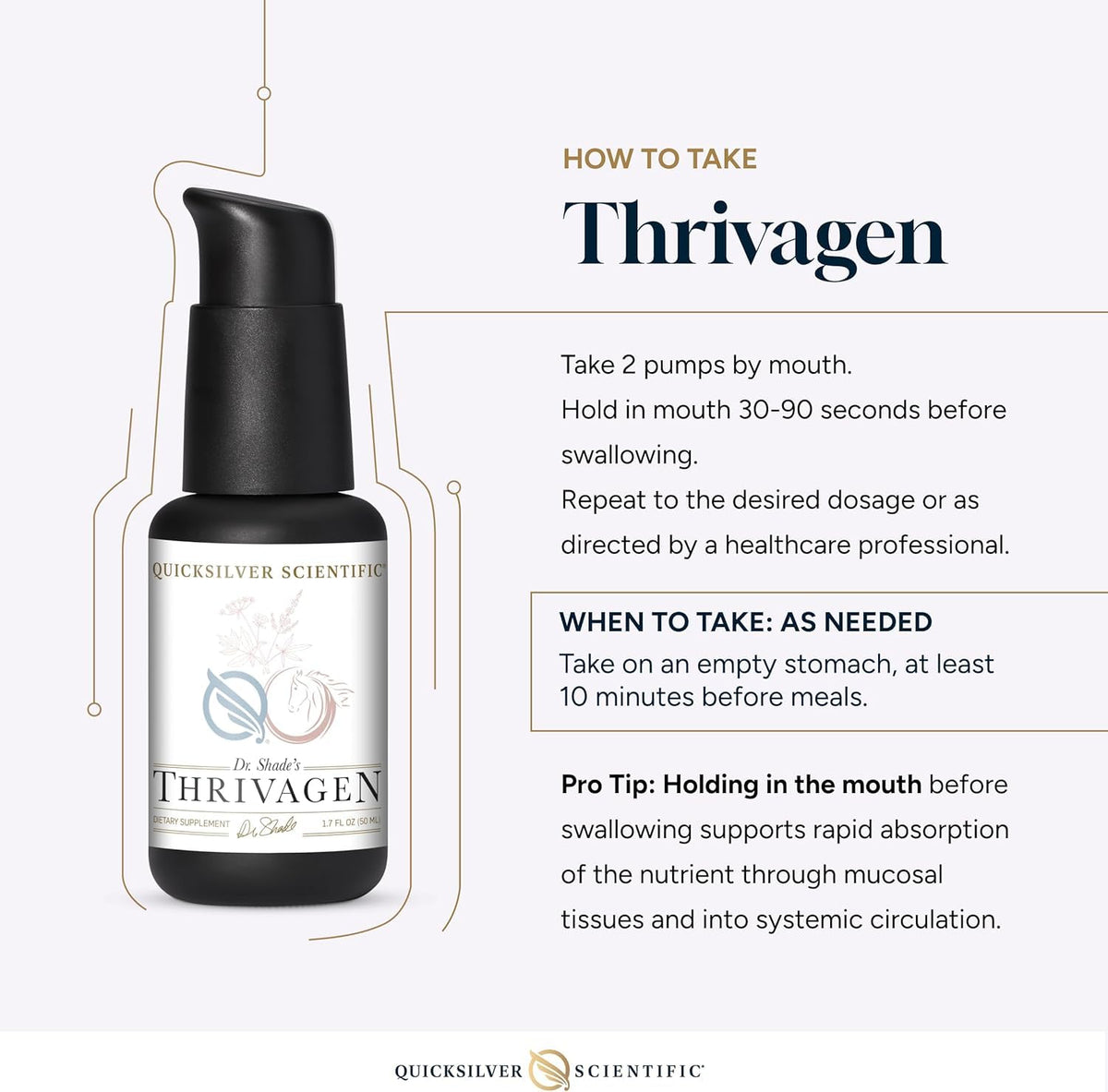 Quicksilver Scientific Thrivagen 50ml élixir de résilience féminine, flacon ouvert montrant le liquide