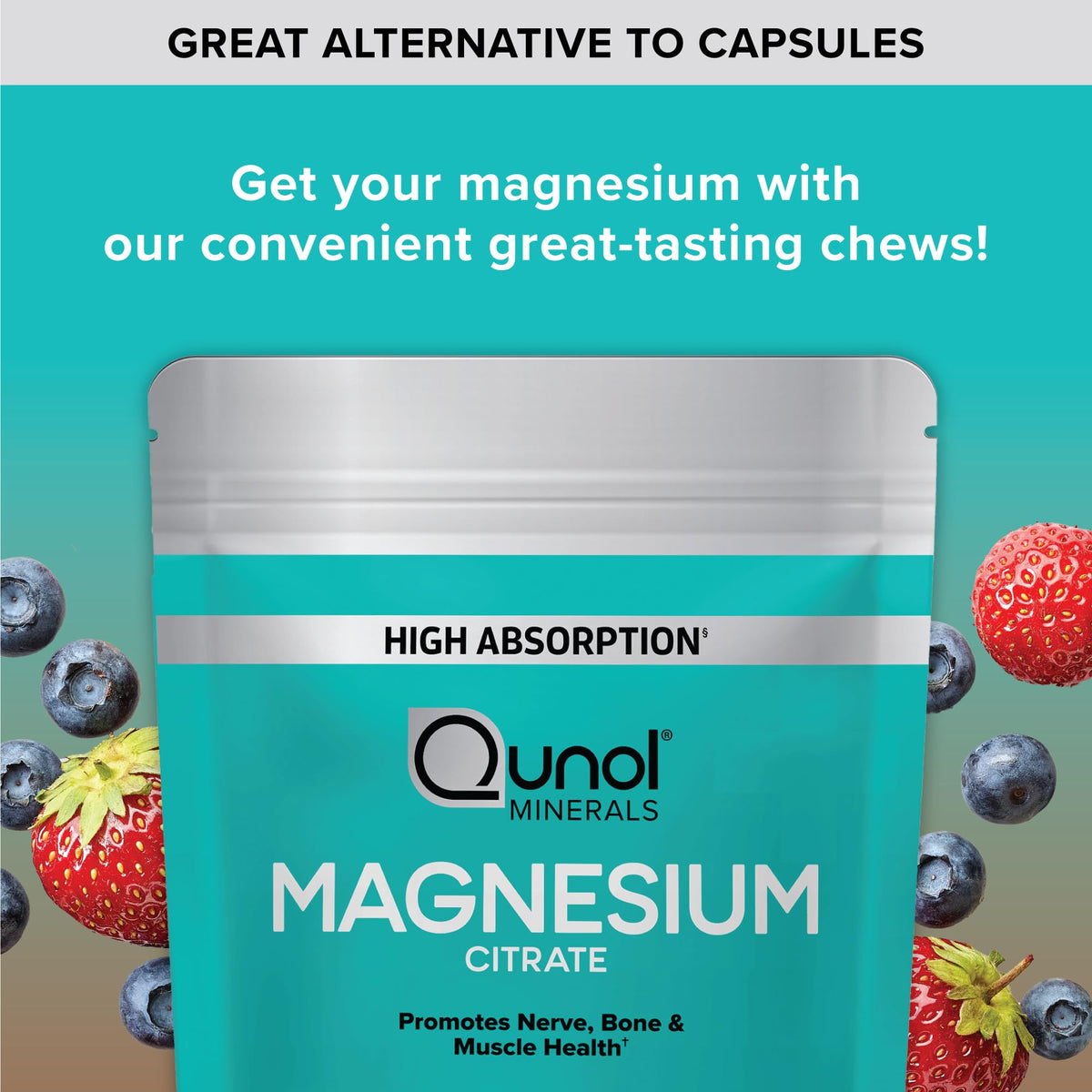 Qunol Chews de Citrate de Magnésium 350mg présentés dans un bol