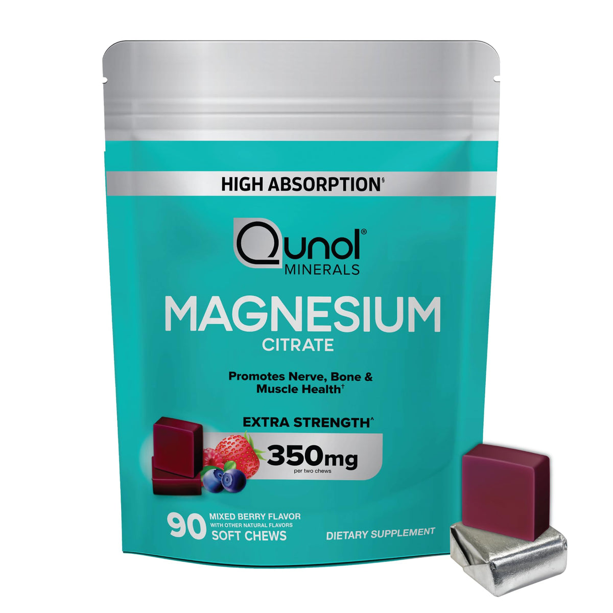 Qunol Chews de Citrate de Magnésium 350mg saveur baie mélangée, vue de face
