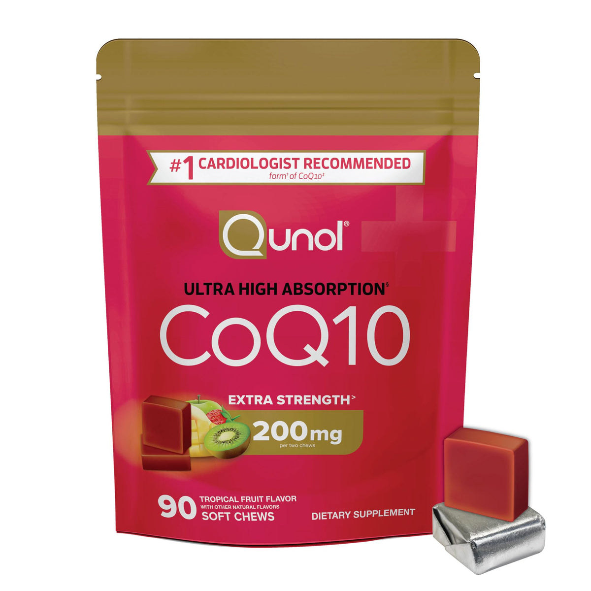 Qunol CoQ10 200mg Chews emballage avant avec gommes à l'intérieur