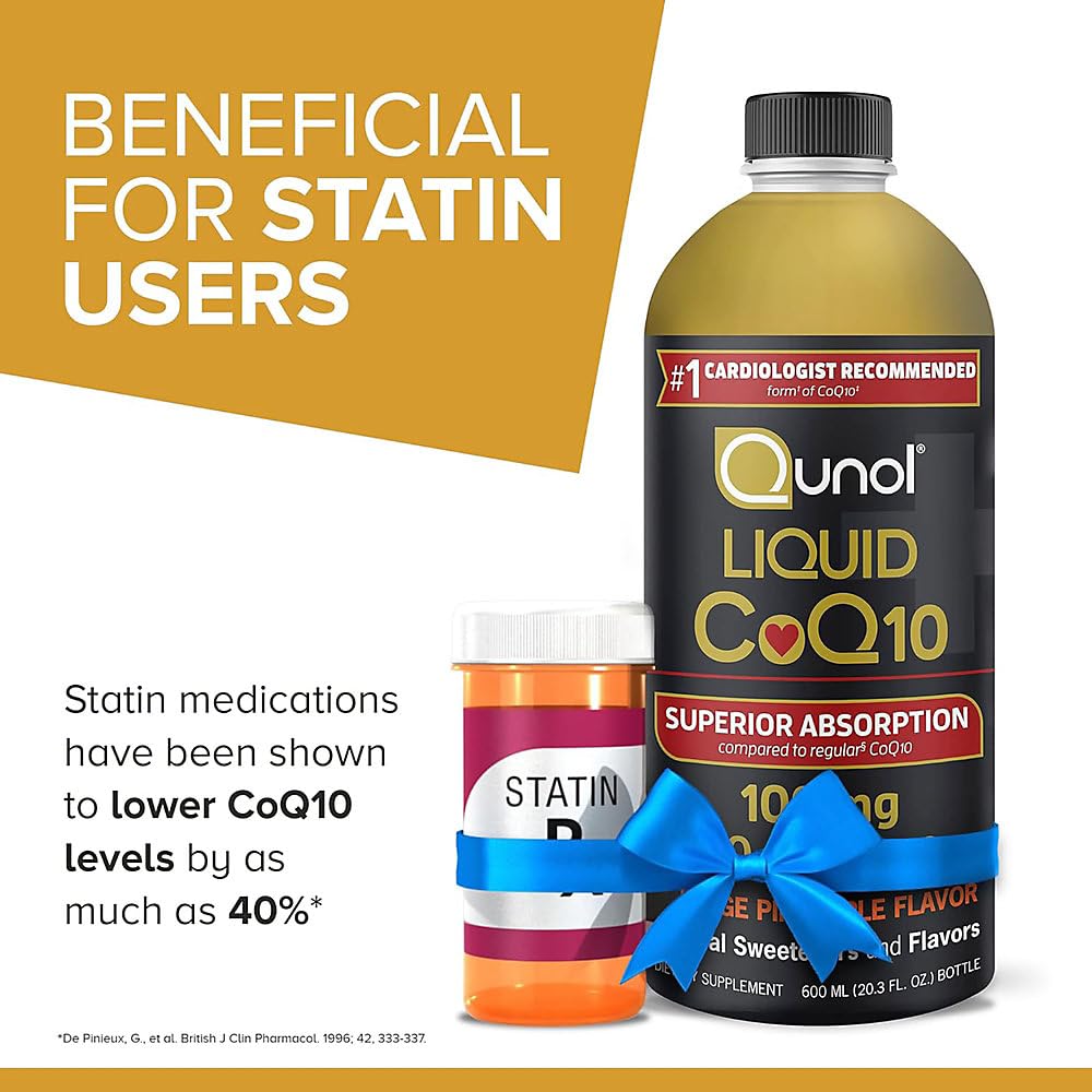 Qunol CoQ10 Liquide 100mg sur une table avec des vitamines