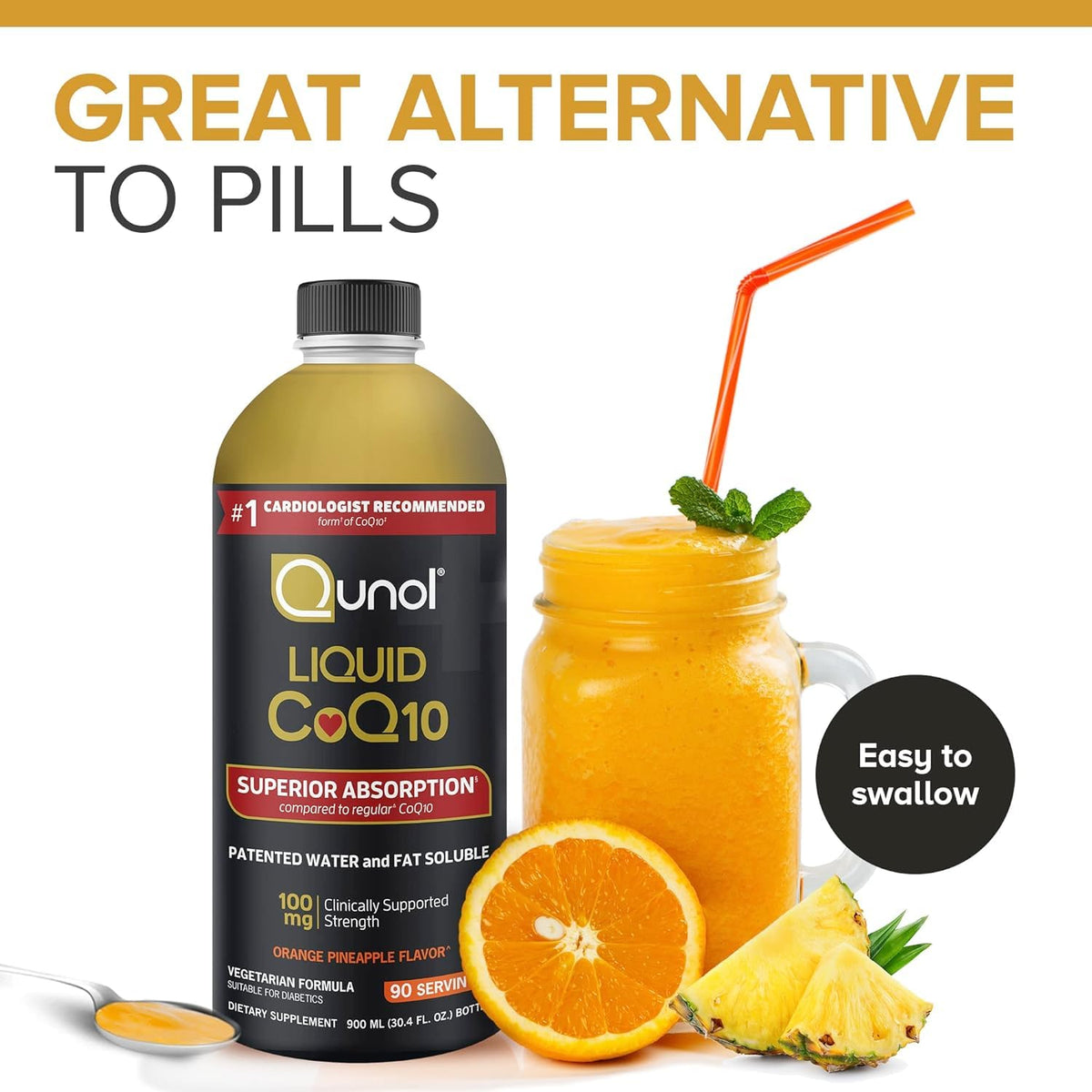 Qunol CoQ10 Liquide 100mg versé dans une cuillère