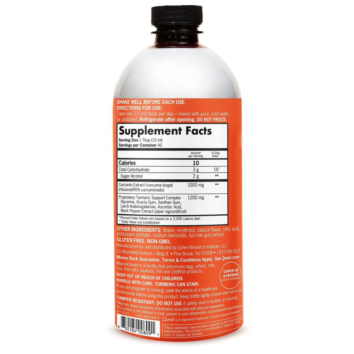 Qunol Curcuma Liquide 1000mg dos du flacon avec informations nutritionnelles