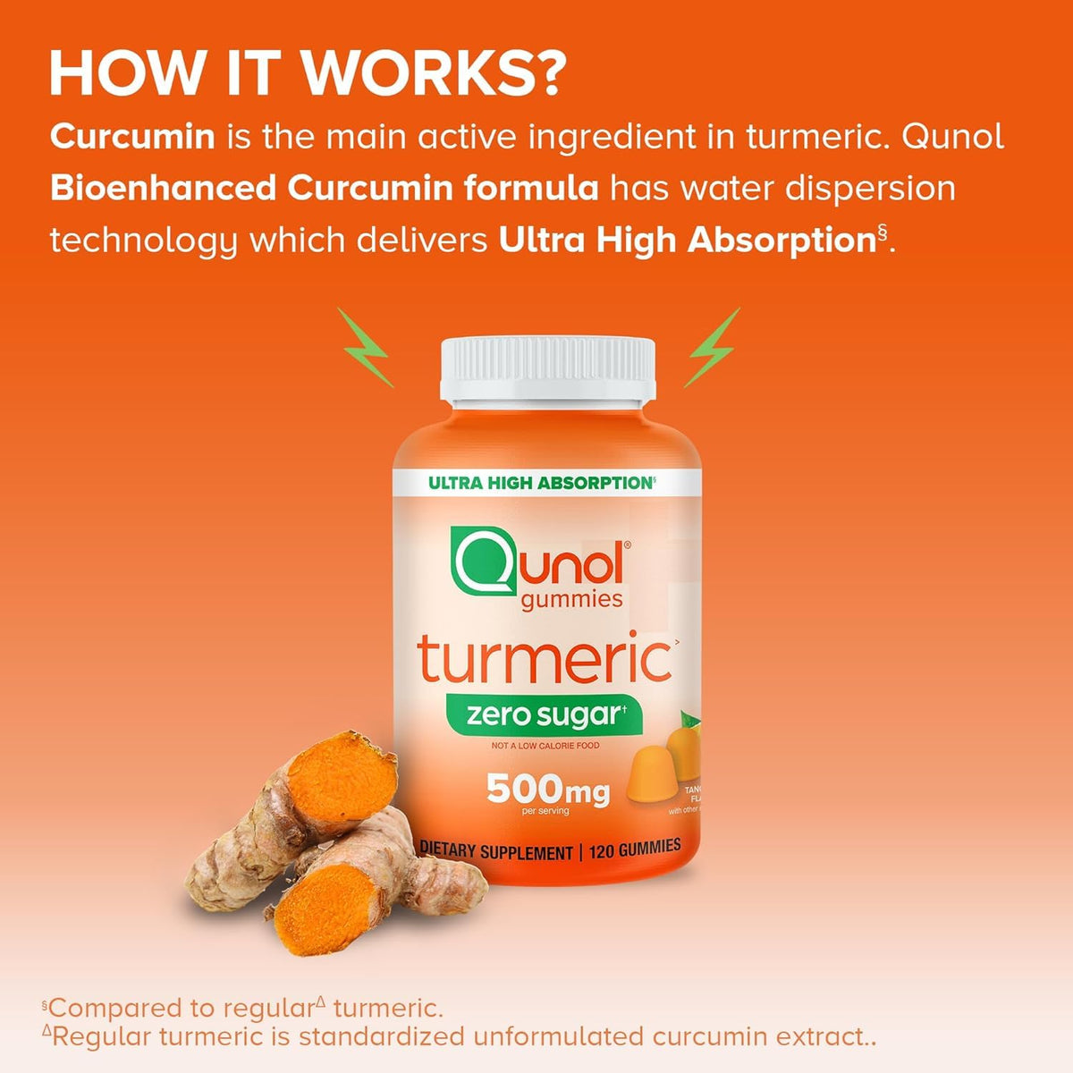 Qunol Gummies de Curcuma Zéro Sucre, affichage des gummies sur une table