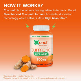 Qunol Gummies de Curcuma Zéro Sucre, affichage des gummies sur une table
