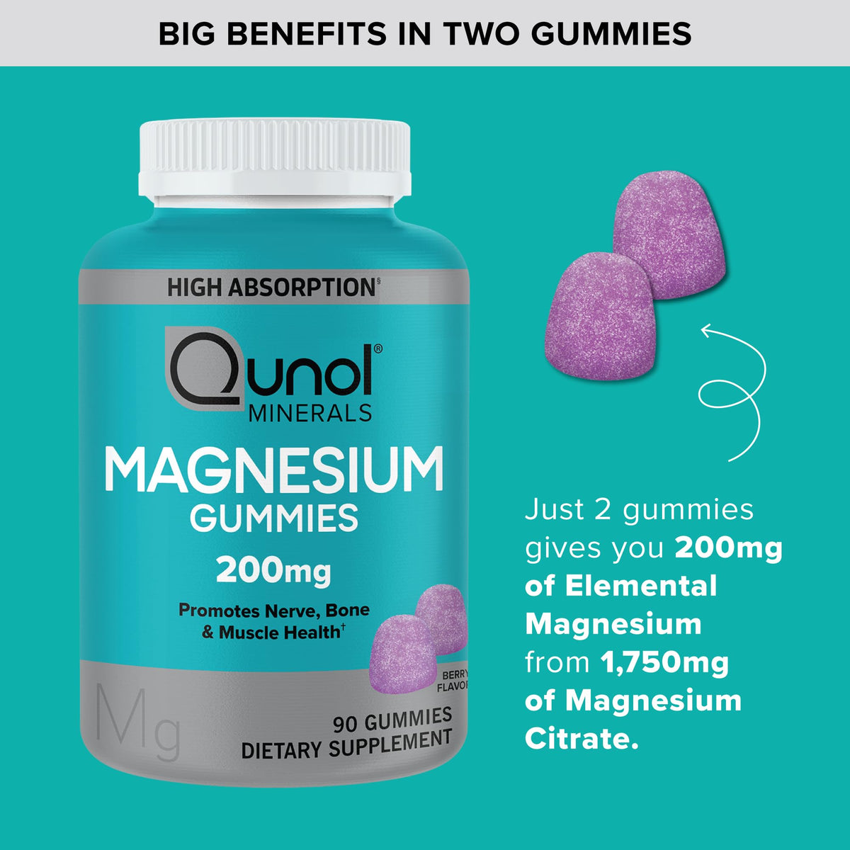 Qunol Gummies de Magnésium Citrate 200mg, côté de l'emballage