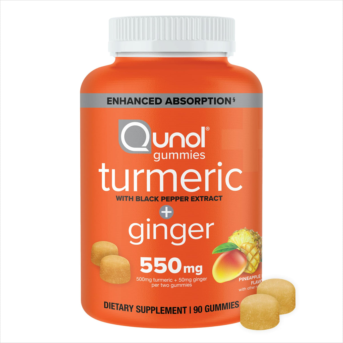 Qunol Gummy Curcuma 550mg avec Poivre Noir et Gingembre, vue de face