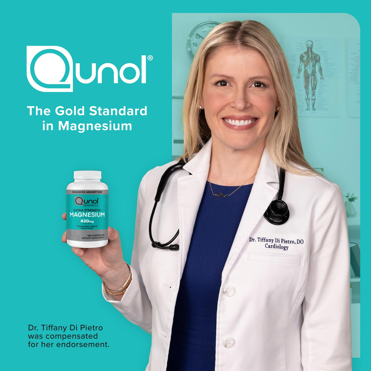 Qunol Magnésium 420mg flacon avec dos d'étiquette