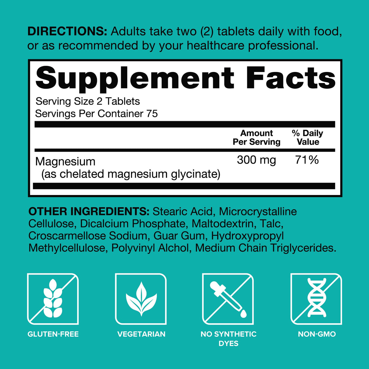 Qunol Magnésium Glycinate 300mg - étiquette avec ingrédients