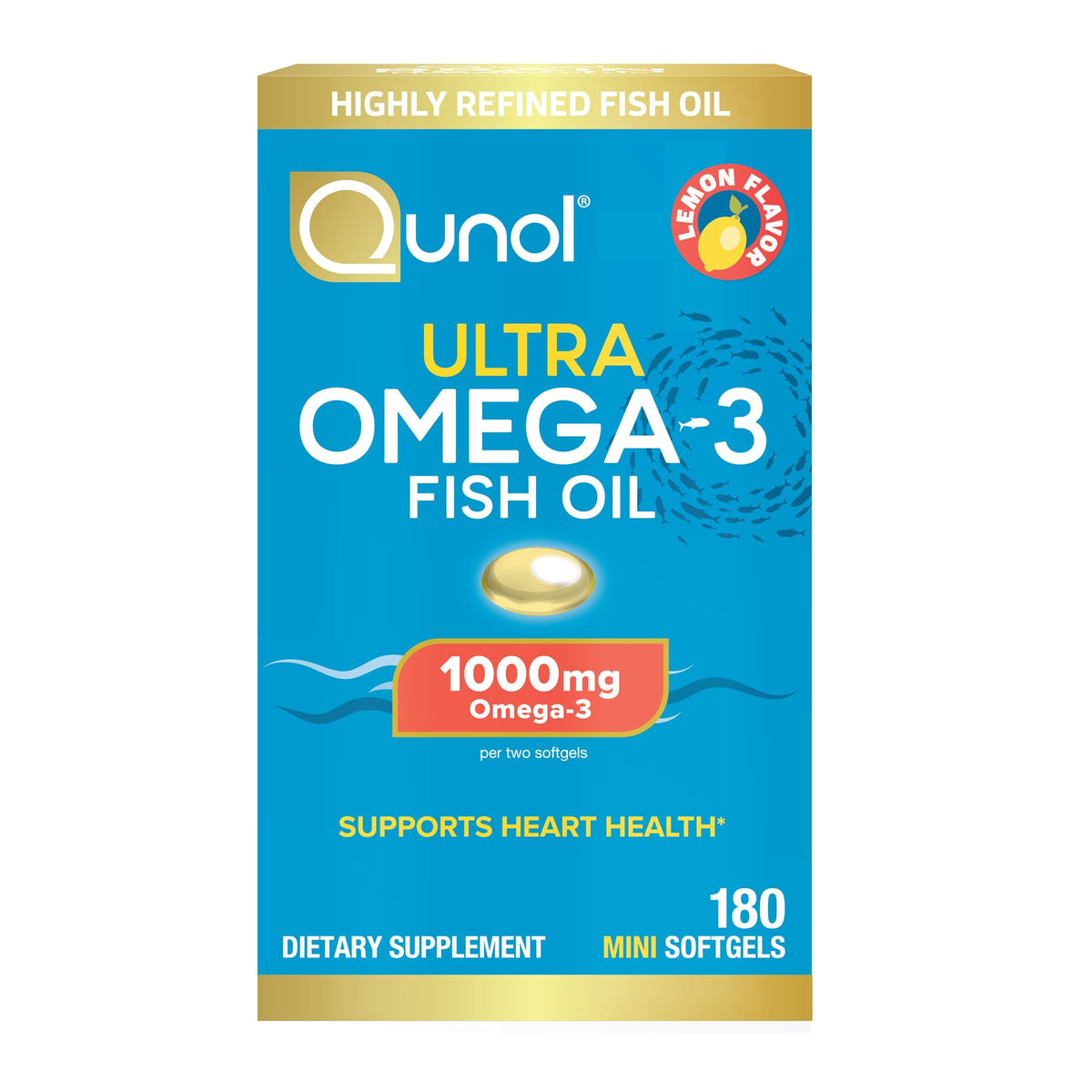 Qunol Omega-3 Mini Softgels 1000mg EPA + DHA avant de la boîte