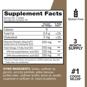 Qunol Ubiquinol 200mg + Omega-3 250mg gélules sur une table