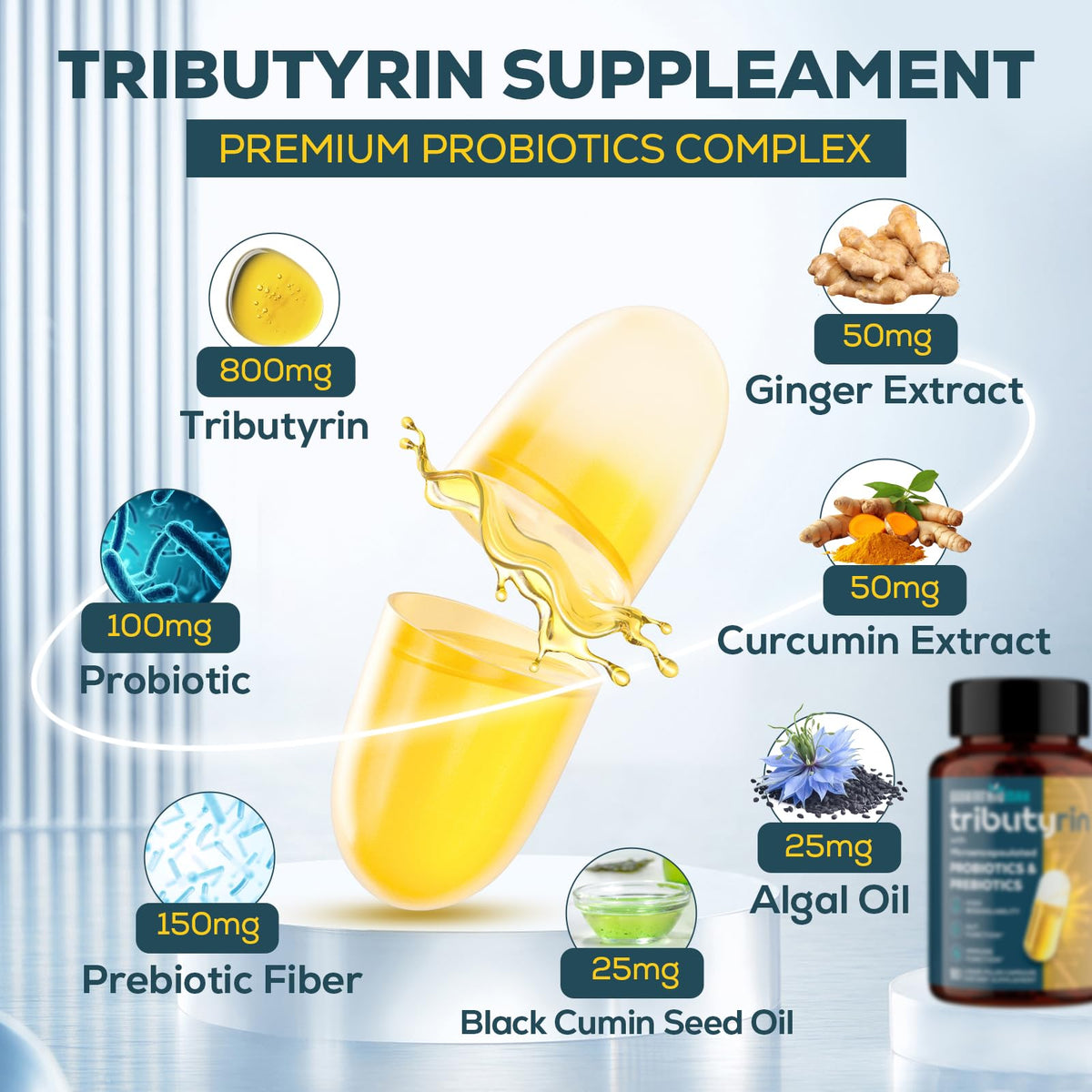 Quorinthiumax Complément Alimentaire Tributyrin 800mg capsules ouvertes