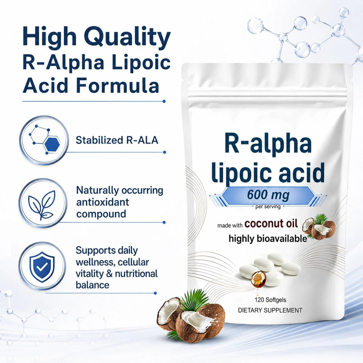 QVG Acide R-Alpha Lipoïque avec huile de coco, présentation en détail