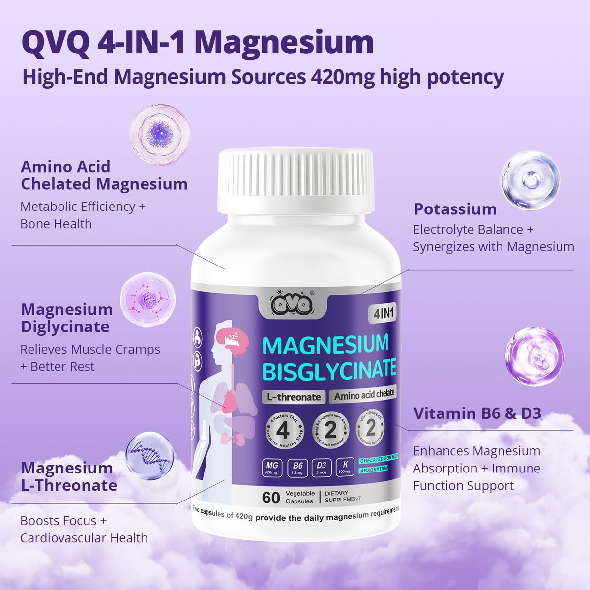 QVQ Magnésium Bisglycinate capsules sur fond neutre