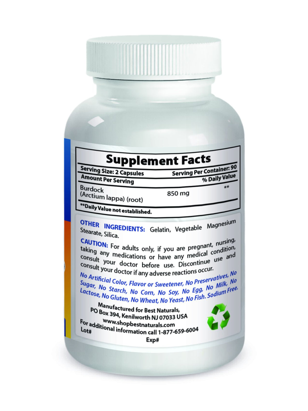 Racine de Bardane Best Naturals 425 mg gélules à côté d'un verre d'eau