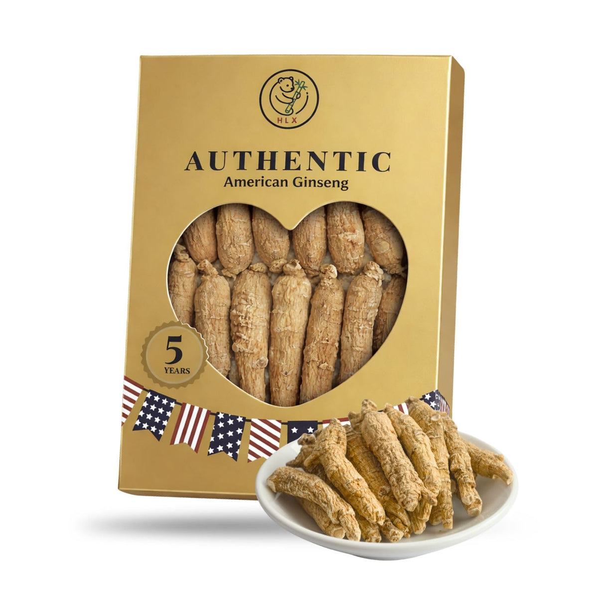 Racine de ginseng américain HLX vue de face dans son emballage
