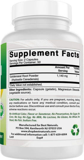 Racine de Goldenseal Best Naturals avec vue arrière du flacon