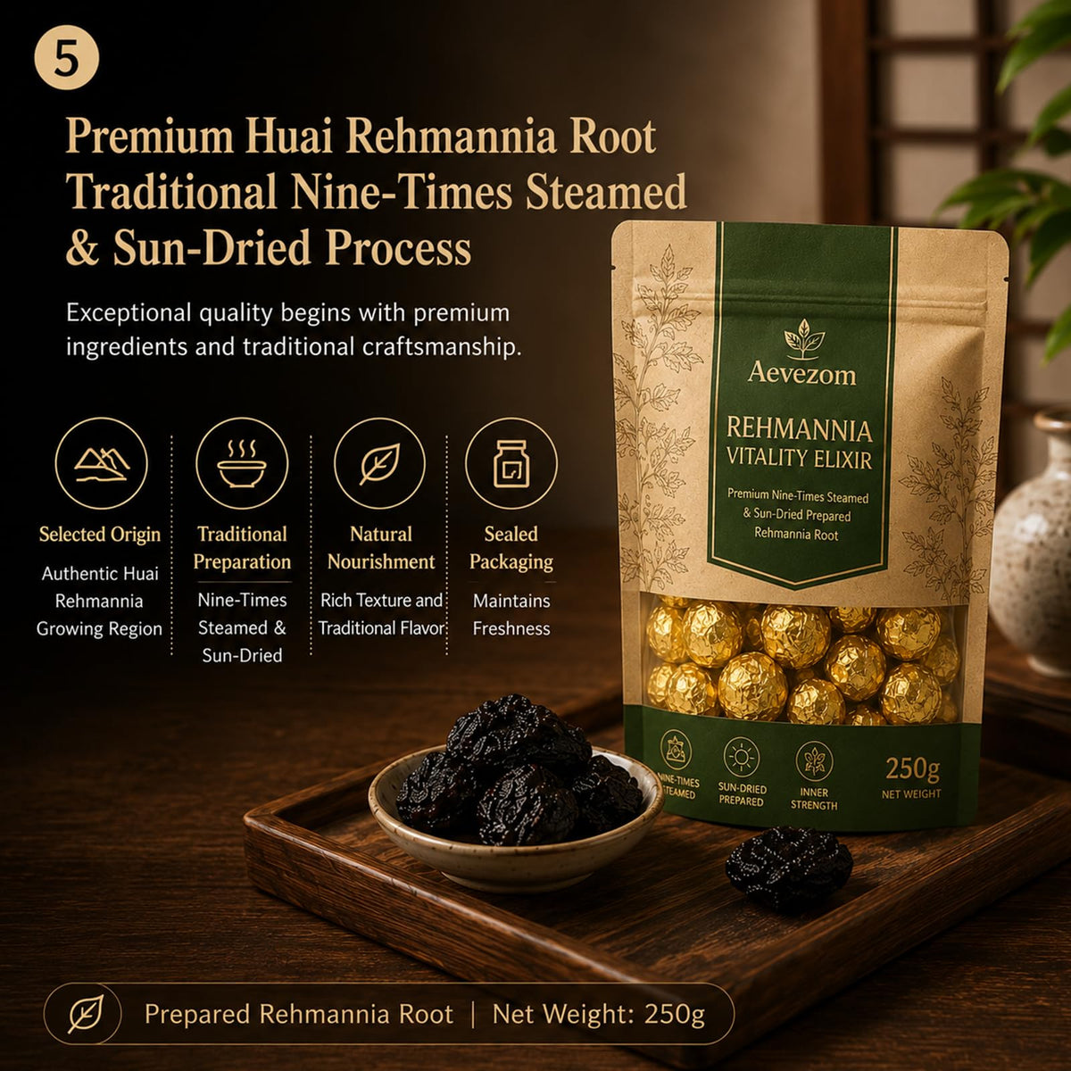 Racine de rehmannia préparée Aevezom sur une table de cuisine