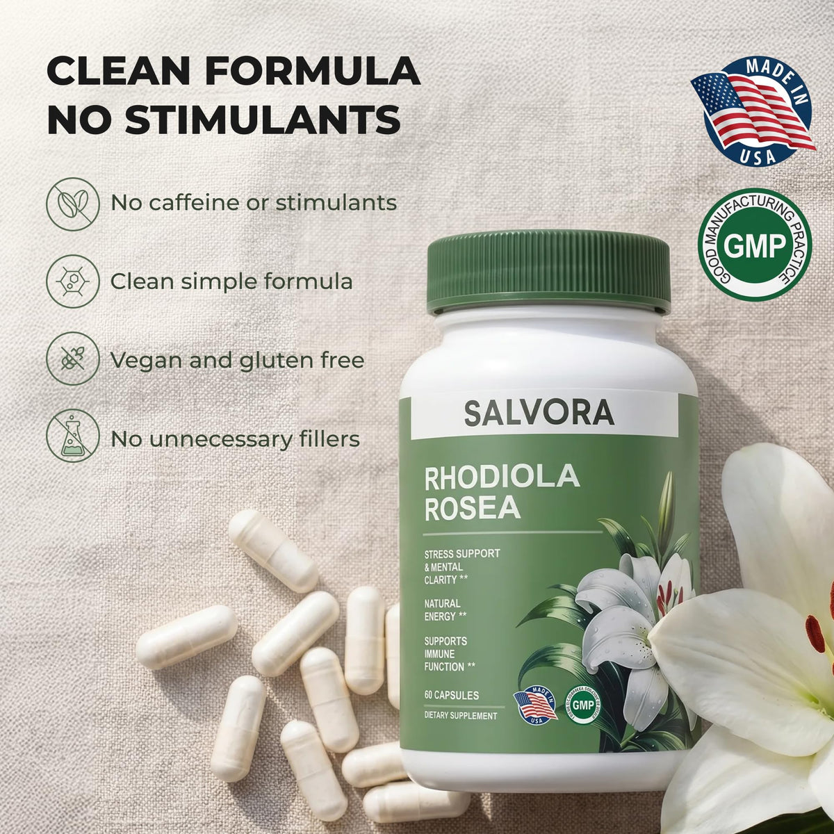 Racine de Rhodiola Rosea à côté des capsules Salvora