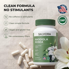 Racine de Rhodiola Rosea à côté des capsules Salvora