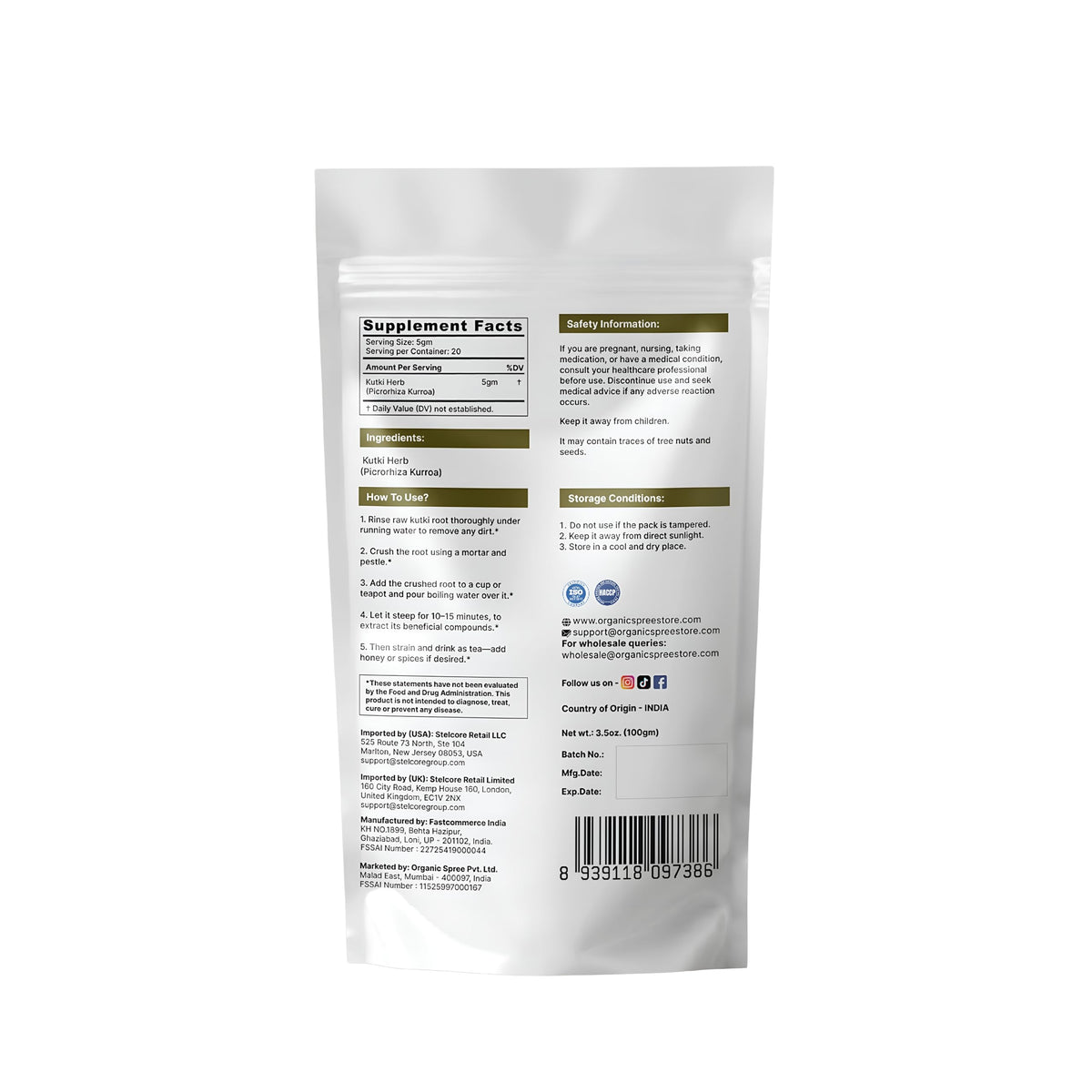 Racine Kutki ORGANIC SPREE 100g vue arrière avec étiquette