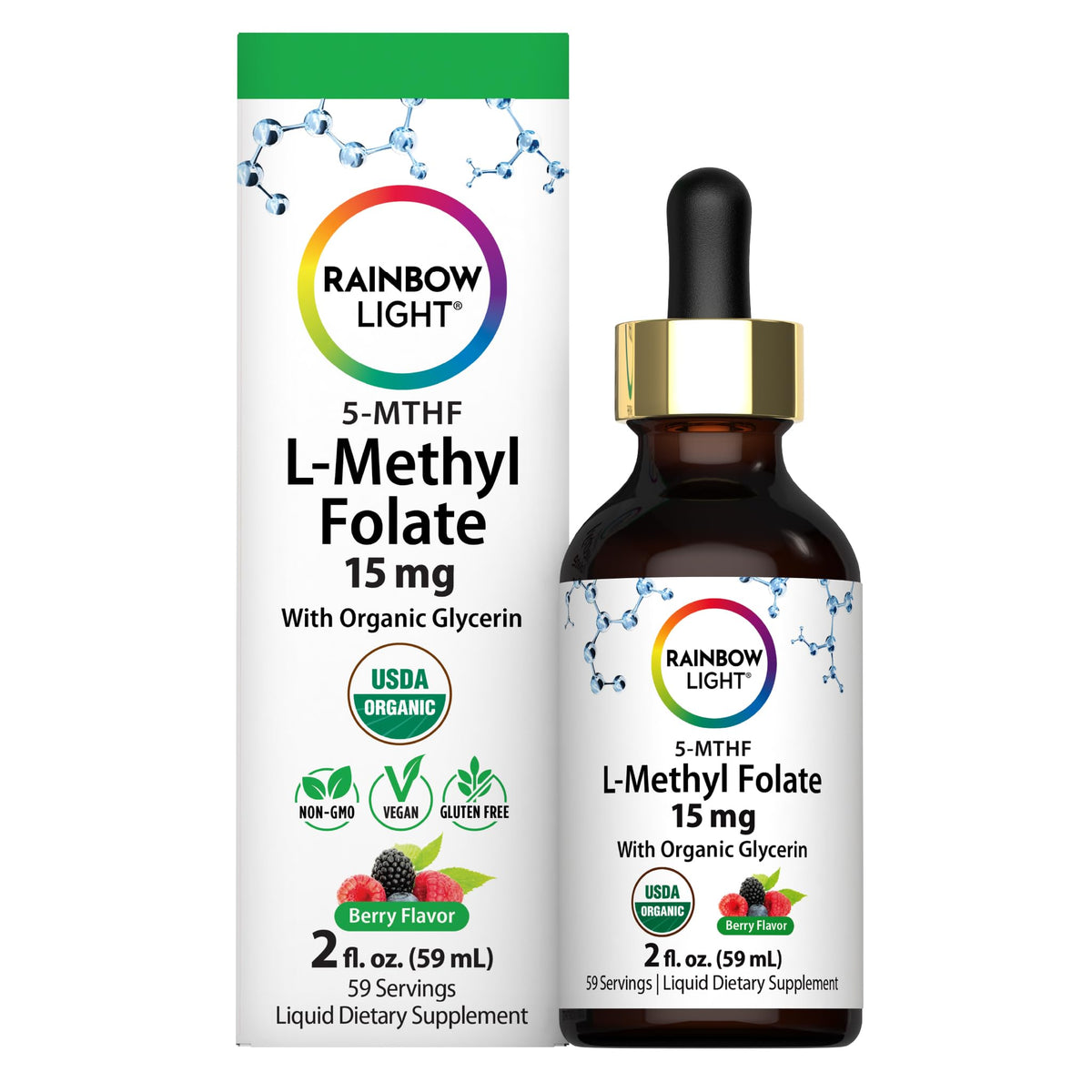 Rainbow Light L Methyl Folate 15 mg 2 fl oz bouteille vue de face