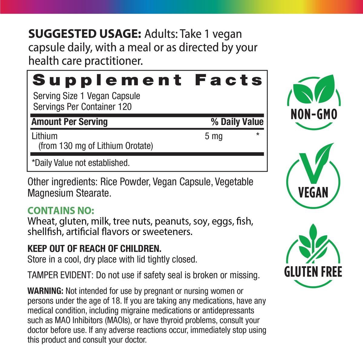 Rainbow Light Lithium Orotate 5 mg capsules vegan sur fond blanc