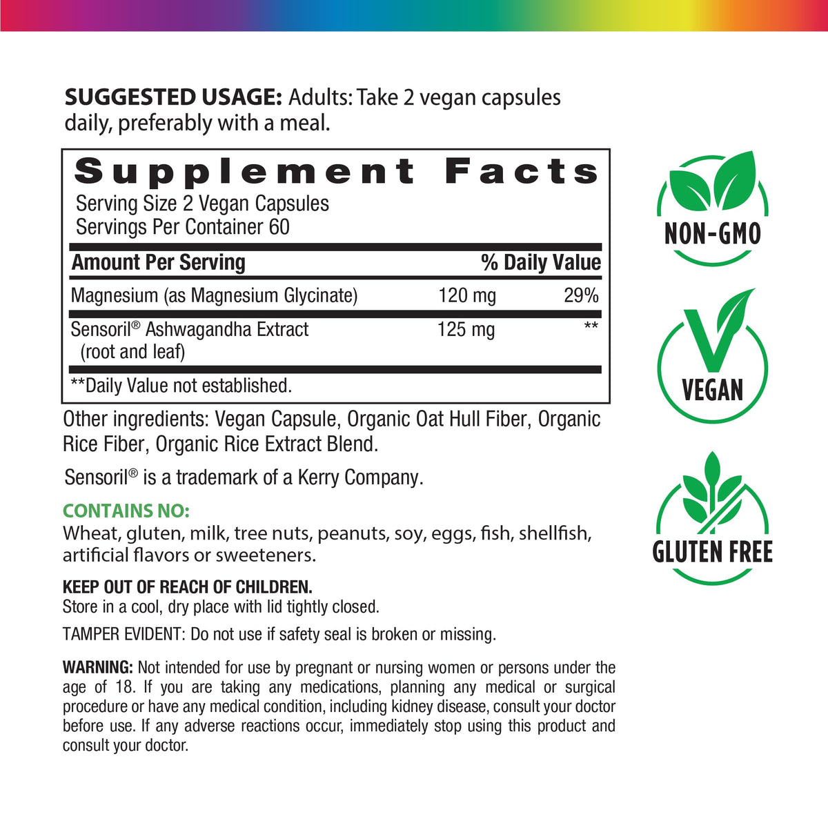 Rainbow Light Magnésium Glycinate 120 mg, étiquette des ingrédients