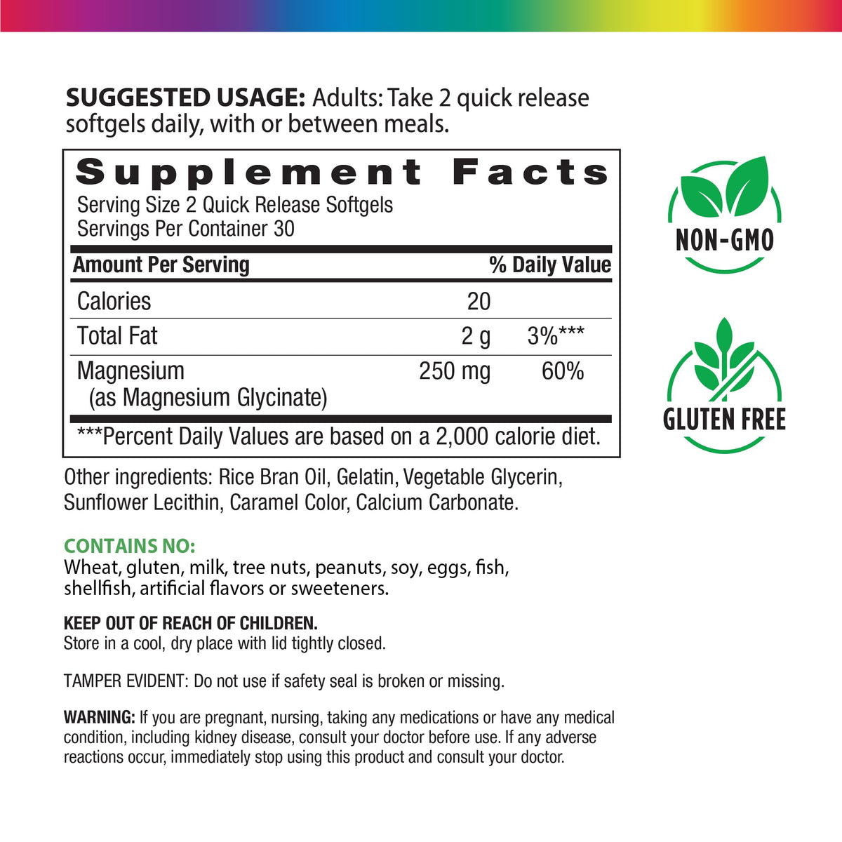 Rainbow Light Magnésium Glycinate 250 mg 60 gélules avec étiquette