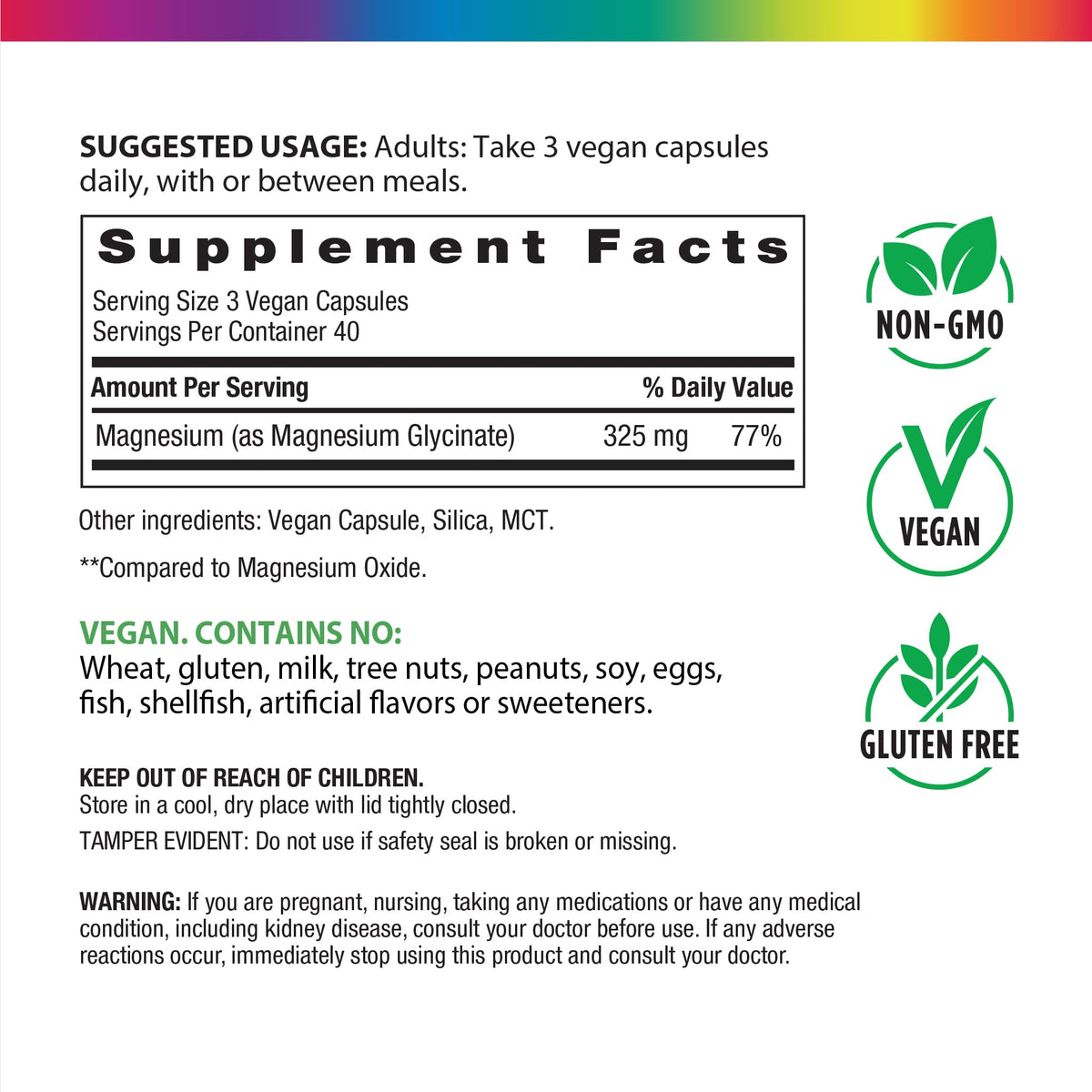 Rainbow Light Magnésium Glycinate 325 mg 120 capsules vue arrière