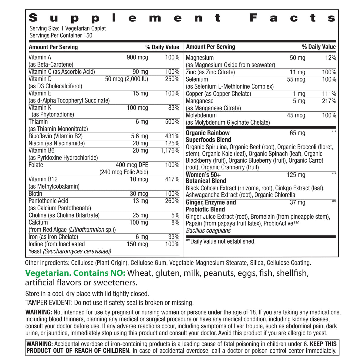 Rainbow Light Multivitamine Femme 50+ 150 comprimés végétariens avec étiquette