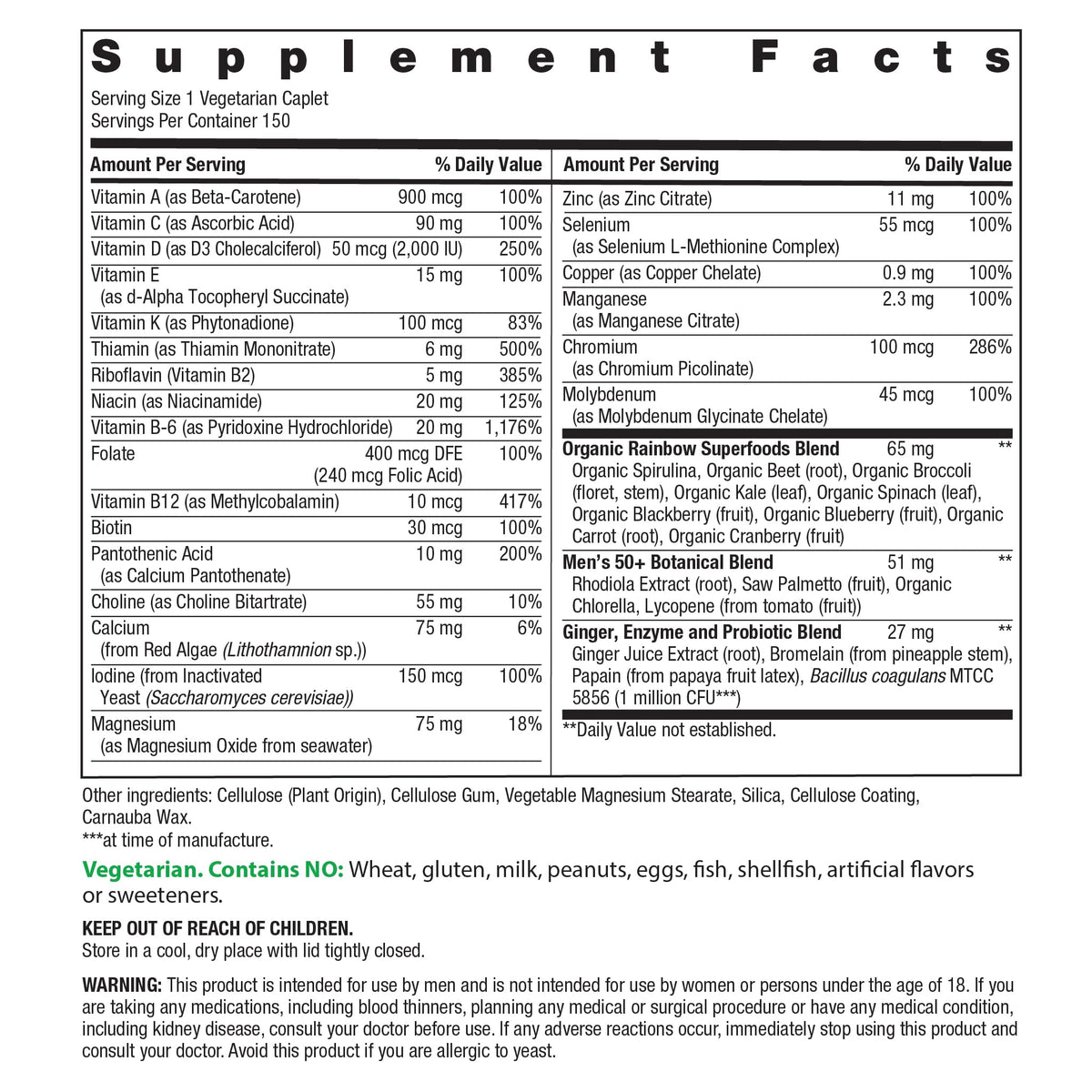 Rainbow Light Multivitamine Homme 50+ 150 comprimés végétariens, vue arrière
