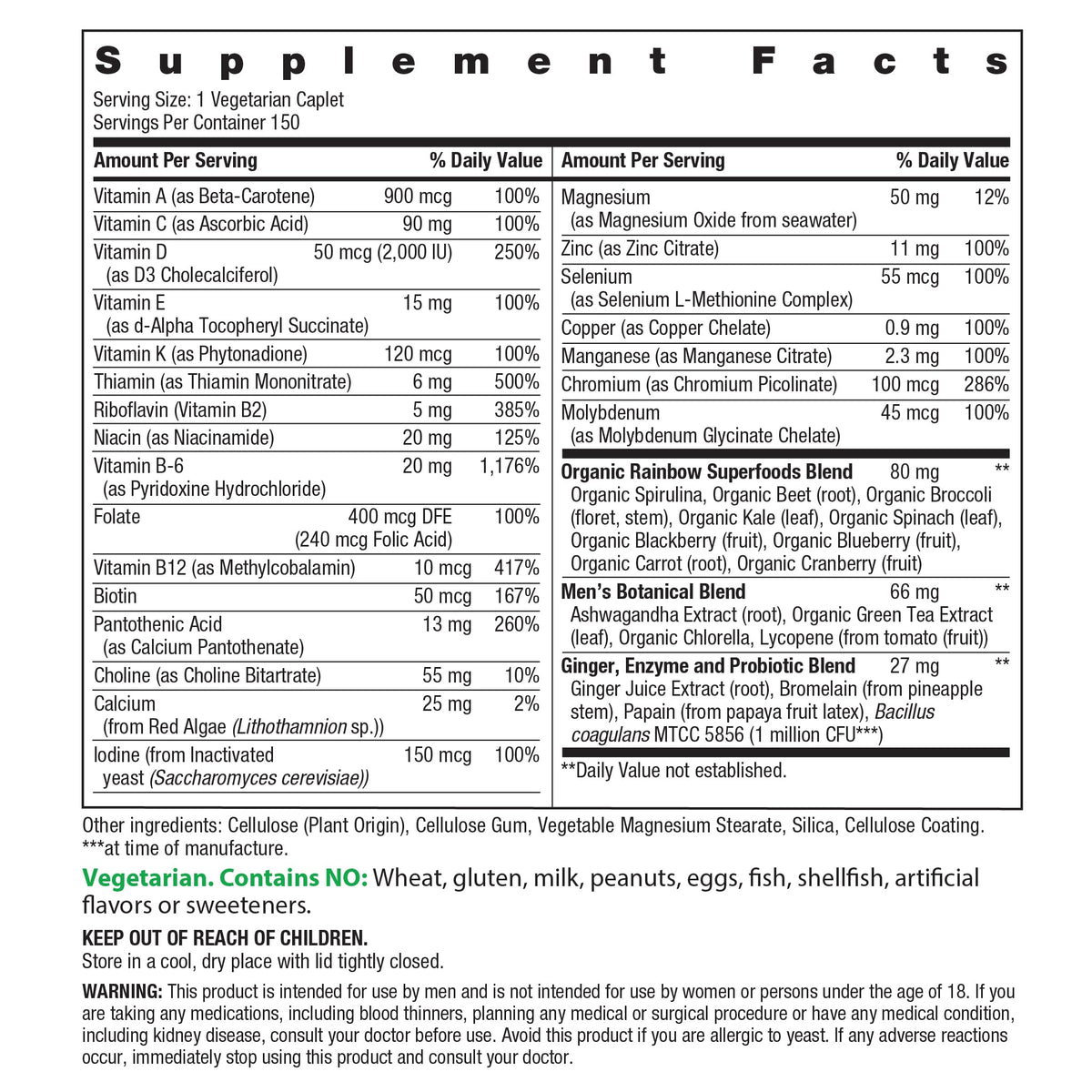 Rainbow Light Multivitamine One+ emballage avec informations nutritionnelles
