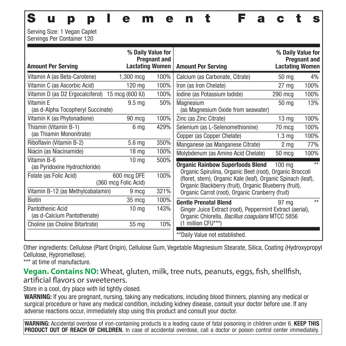 Rainbow Light Multivitamine Prénatale étiquette avec ingrédients