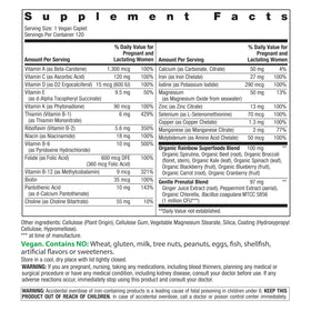 Rainbow Light Multivitamine Prénatale étiquette avec ingrédients