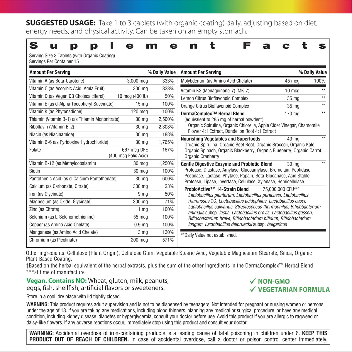 Rainbow Light Multivitamines pour Adolescents, emballage et informations nutritionnelles