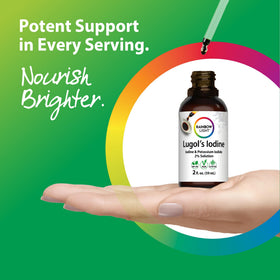Rainbow Light Solution de Lugol 2% Iode avec ingrédients sur la table
