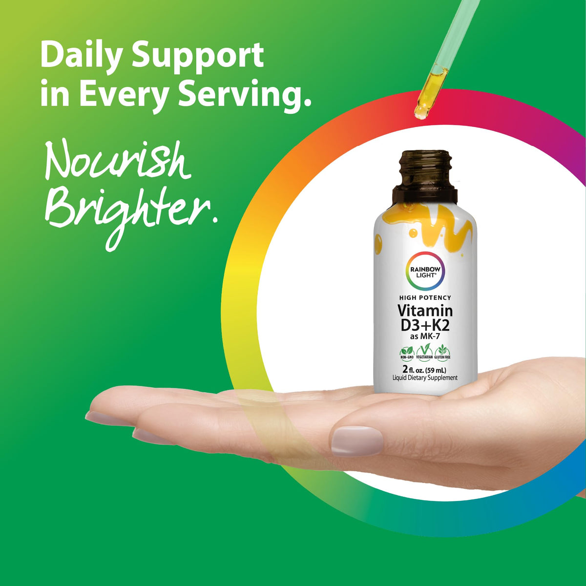 Rainbow Light Vitamine D3 + K2 gouttes sous un fond naturel