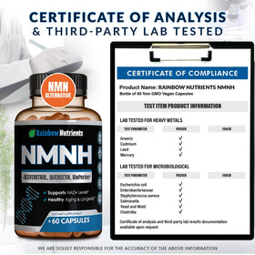 Rainbow Nutrients NMNH complément avec des produits naturels en arrière-plan