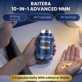Raitera NMN 1000mg sur un bureau avec un verre d'eau