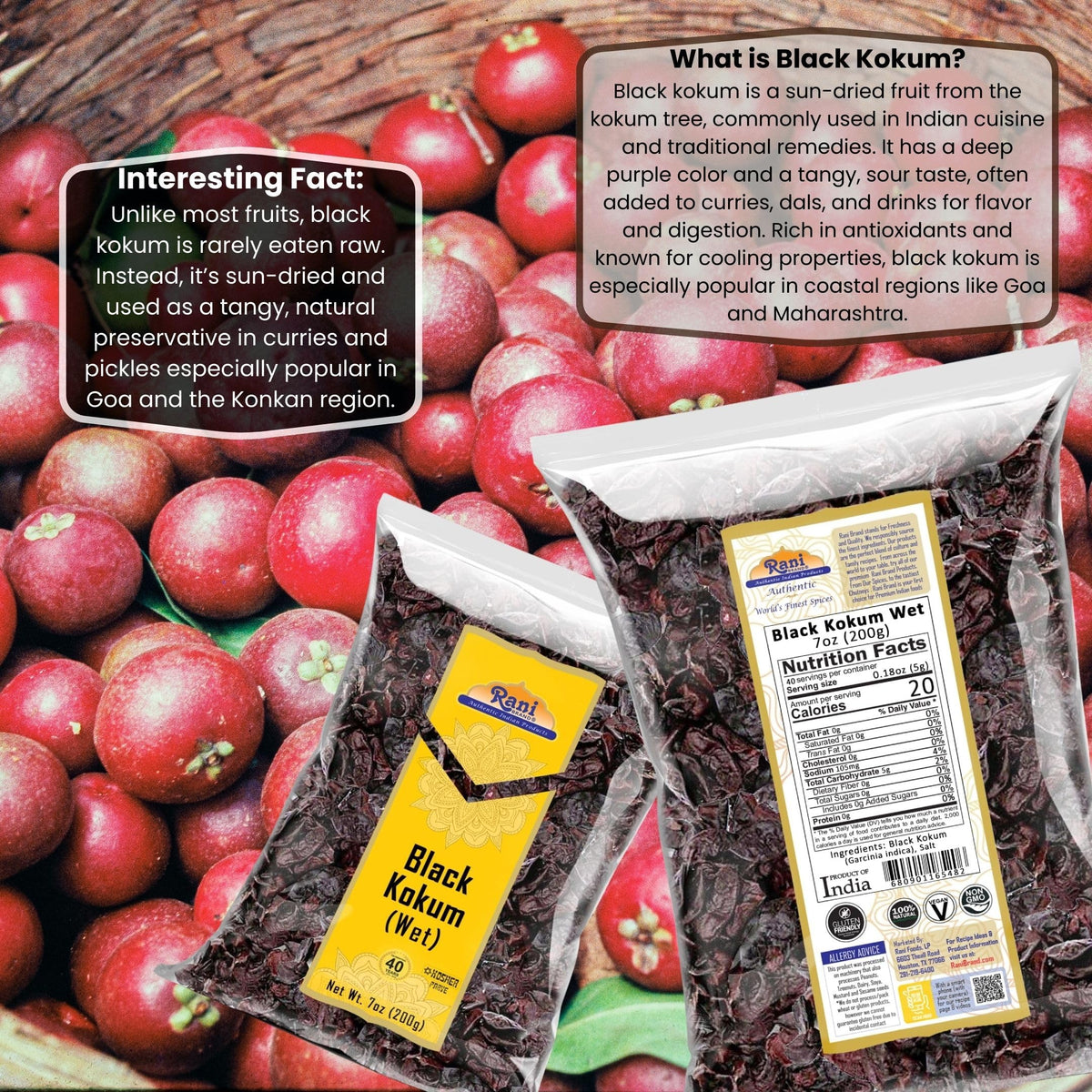 Rani Black Kokum 200g étiquette montrant les ingrédients
