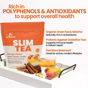 Rapid Fire Slim Tea sachets saveur mangue, ingrédients en gros plan