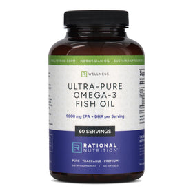 Rational Nutrition Huile de Poisson Omega-3 Norvégienne 1000mg, avant de la boîte