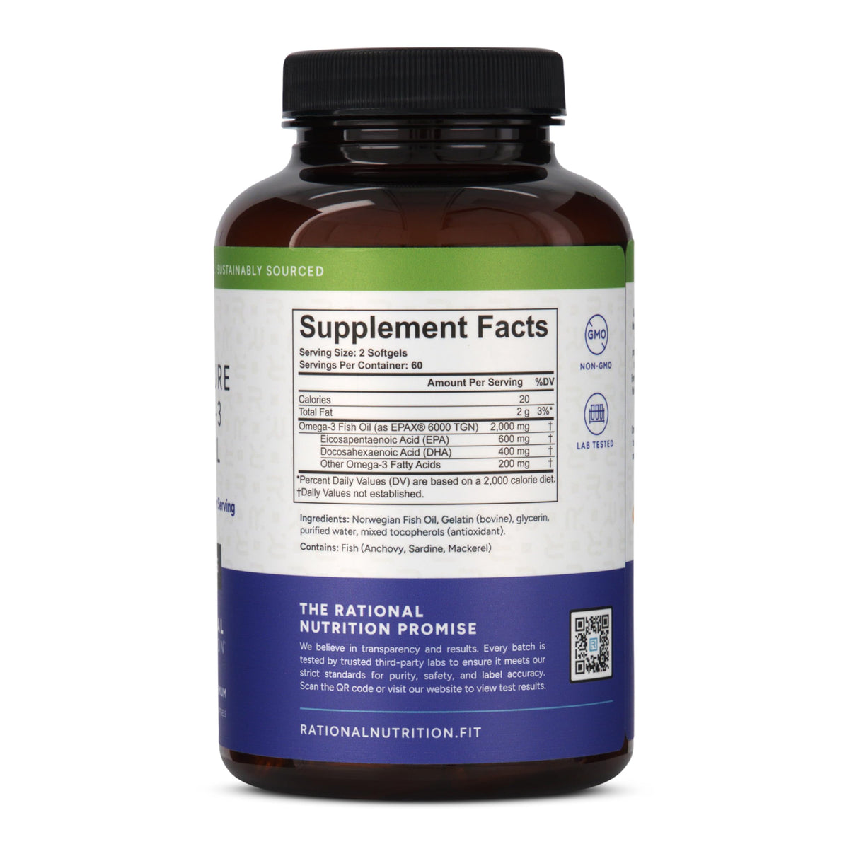 Rational Nutrition Huile de Poisson Omega-3 Norvégienne 1000mg, vue arrière de la boîte