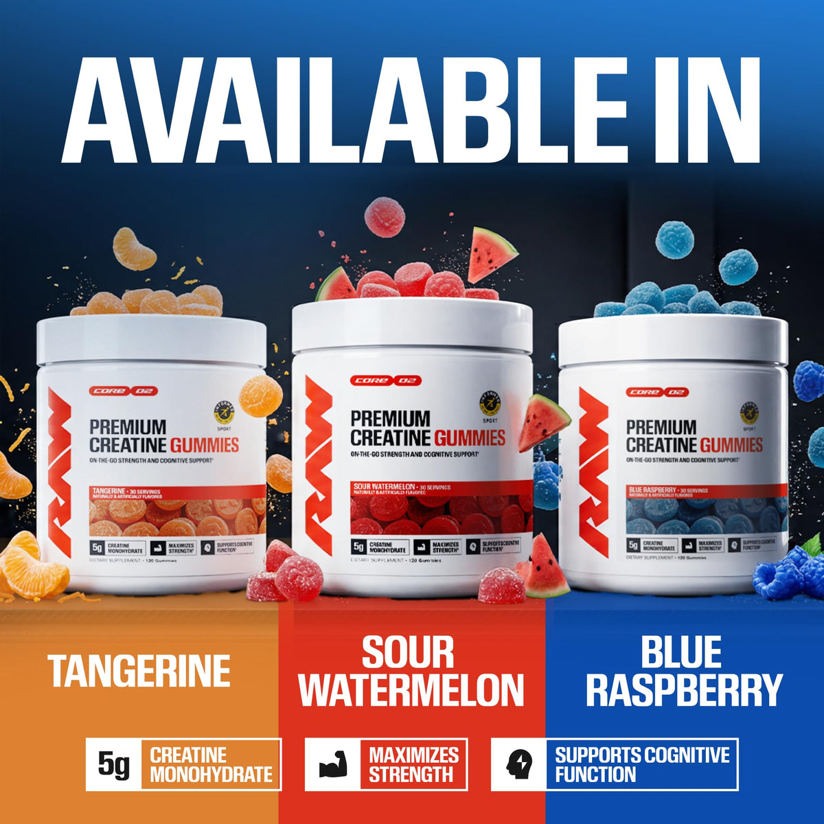 RAW Créatine Gummies Framboise Bleue 120 Gummies sur une table
