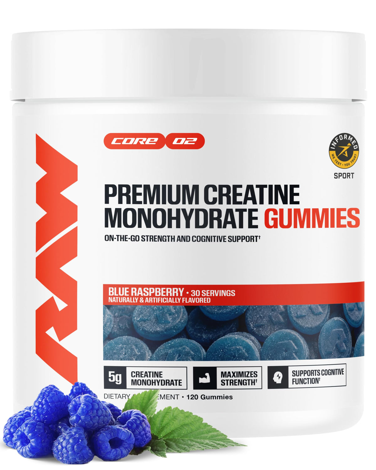 RAW Créatine Gummies Framboise Bleue 120 Gummies vue de face