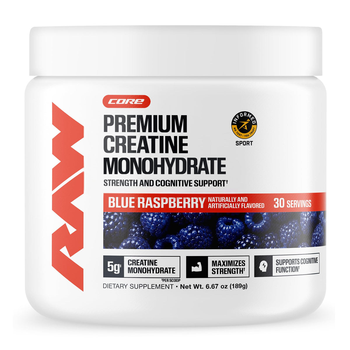 RAW Creatine Monohydrate Poudre Framboise Bleue 284g vue de face