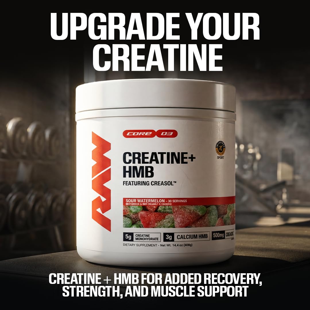 RAW Creatine Plus HMB 499g affiché sur une table de salle de gym